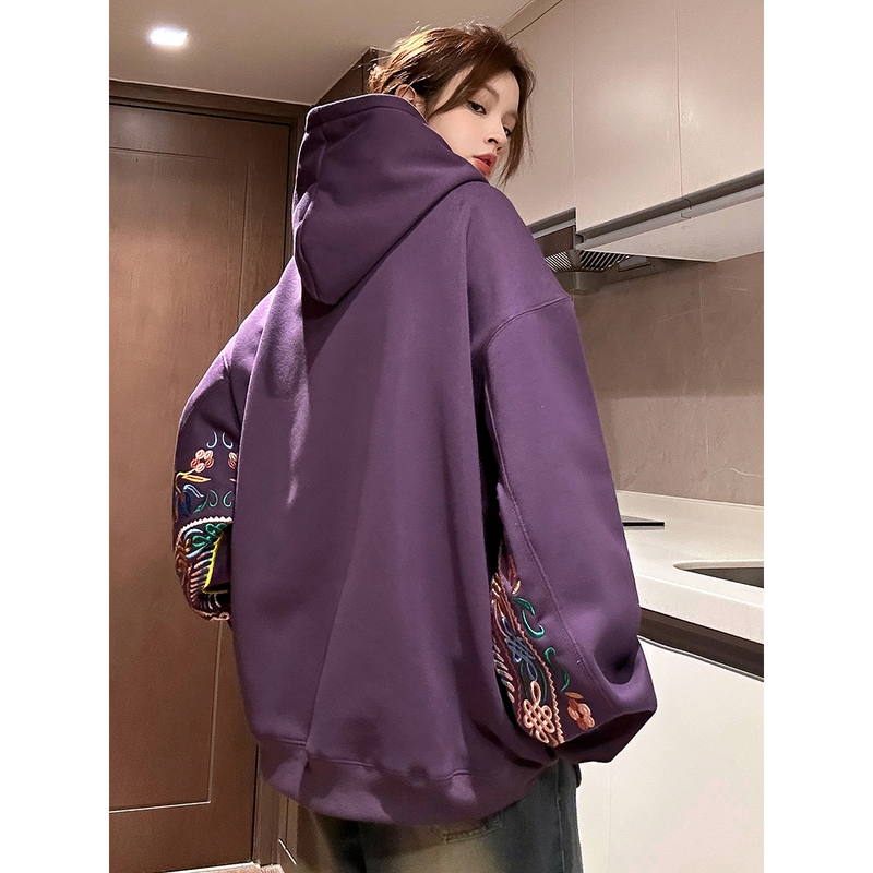 Winter new style velvet hooded pullover with large embroidery new Chinese style sweatshirt