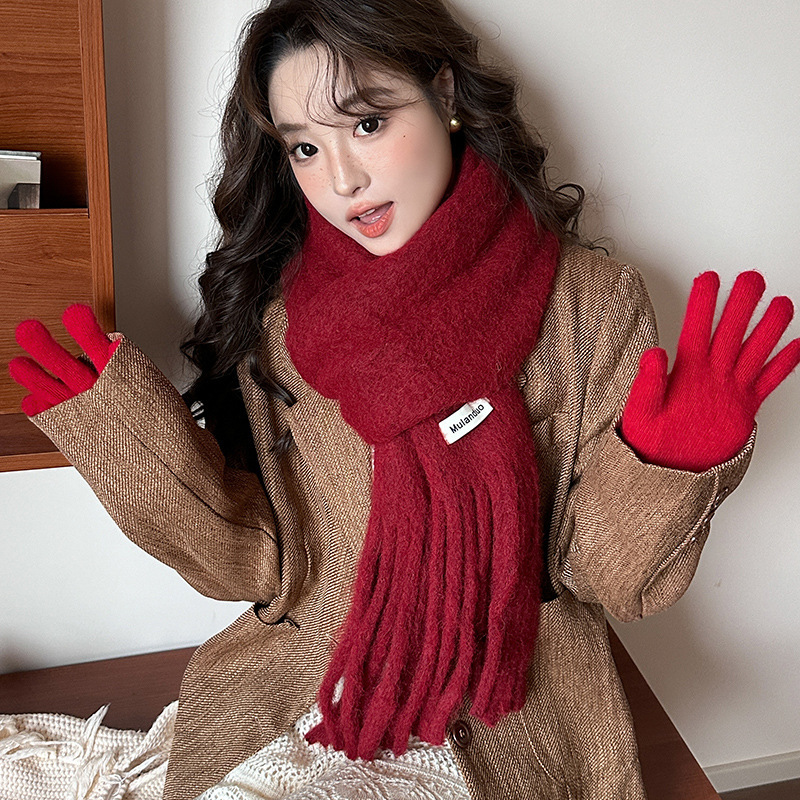 Anchor red mohair Christmas solid color woolen scarf for women winter high-end Korean atmosphere shawl
