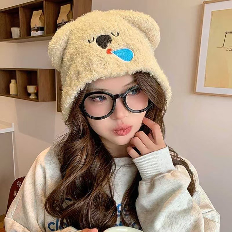 Autumn and winter new cute koala knitted woolen hat star's same style pullover to keep warm, ear protection and face-friendly little girl