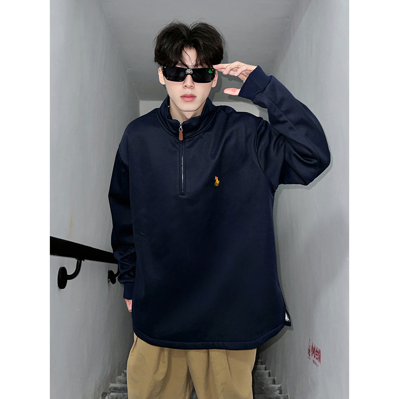 Navy half-zip velvet sweatshirt men's autumn and winter high-end small gold label embroidered top American lapel jacket