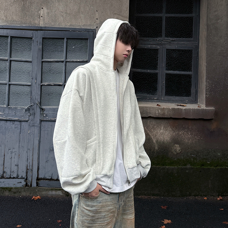 High-end white and gray deconstructed cardigan sweatshirt for men in autumn and winter American style thickened warm hooded jacket