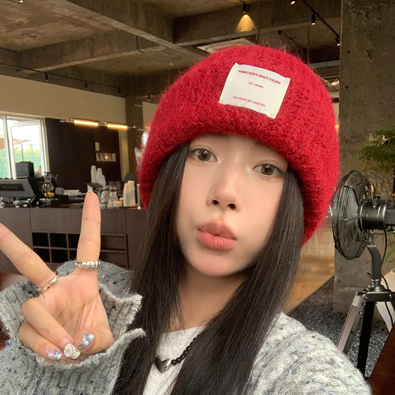 Angora red wool knitted hat autumn and winter fashionable warm woolen hat for women versatile and cute big head cold hat