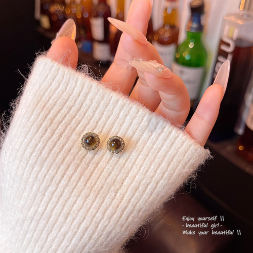 Autumn and winter Maillard tiger eye stone earrings, light luxury niche, simple super flash diamond earrings, Korean high-end earrings