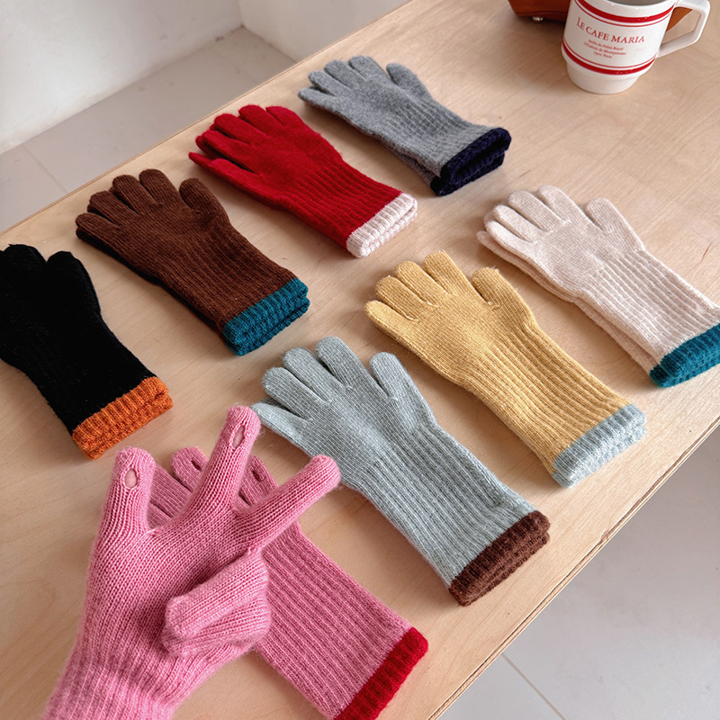 Winter warm gloves five-finger touch screen knitted wool solid color student all-match autumn and winter exposed finger split finger Korean version all-match