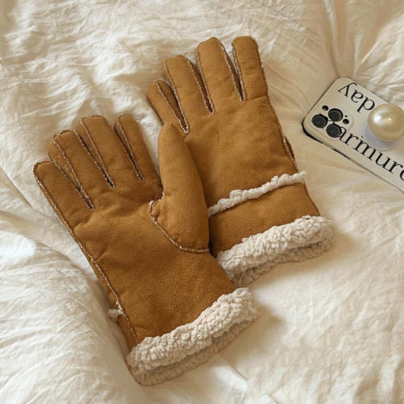 Super warm chestnut color autumn and winter finger gloves outdoor riding northern skiing windproof lamb plush imitation suede gloves
