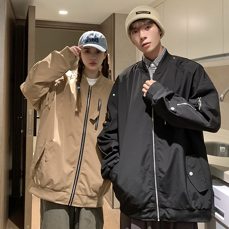 Autumn multi-zip American street baseball jacket loose coat for couples