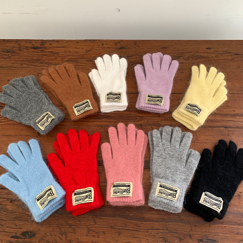 Fingerless touch screen student warm cycling gloves Korean version solid color French standard containing rabbit fur warm gloves women's winter finger gloves