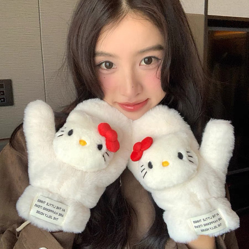 Cute plush gloves for women's autumn and winter cycling warm plus velvet student cycling thickened windproof and cold-proof halter neck mittens