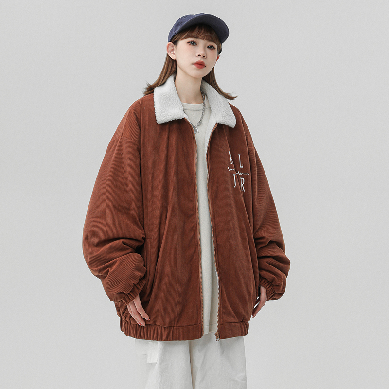 Winter corduroy printed Hong Kong style cotton jacket men's jacket plus velvet thickening unisex