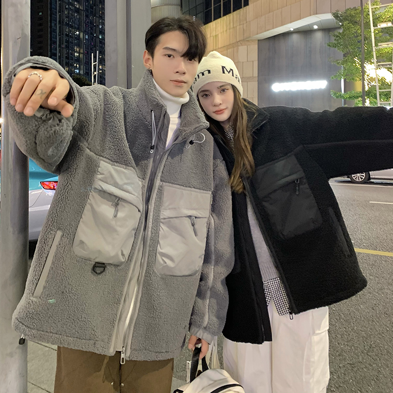 Winter couple casual stand collar lamb wool cotton coat splicing work jacket thick