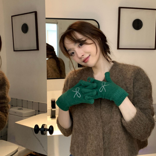 Rhinestone bow gloves for women imitation cashmere warm finger touch screen gloves ins versatile candy color knitted gloves