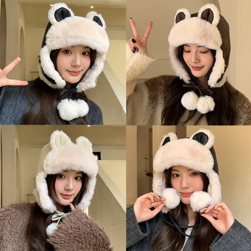 Leather Plush Lei Feng Hat Women's Winter Outdoor Cycling Windproof and Coldproof Ear Hat Cute Panda Ear Hat