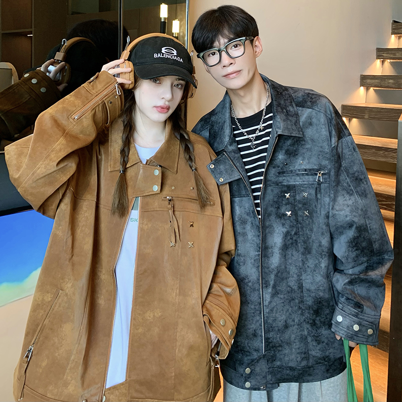 Couple's Casual Metal Decorated Limestone Leather Jacket Men's Loose Jacket
