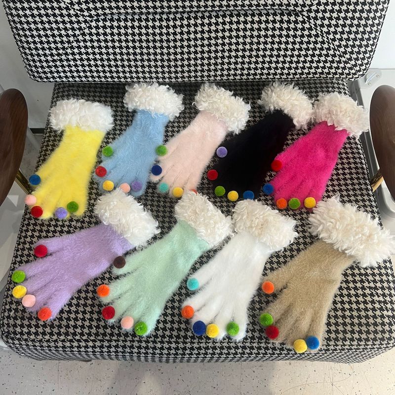 Plush cute colorful jelly bean gloves for women in winter, windproof and warm, touch screen cycling finger gloves to prevent cold