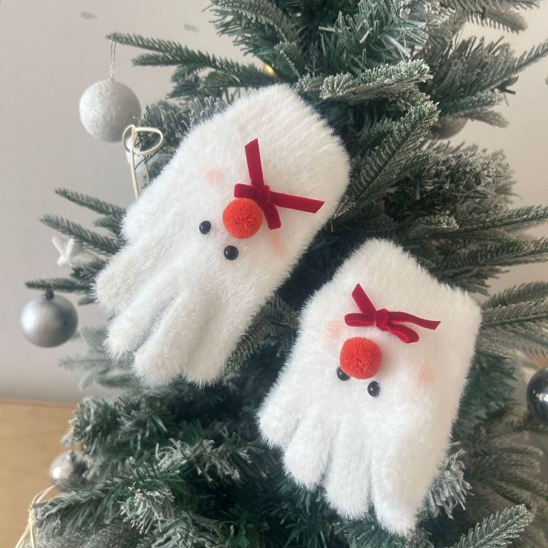 Childlike cute bow snowman plush five-finger gloves for women winter warm cycling finger gloves for school girls