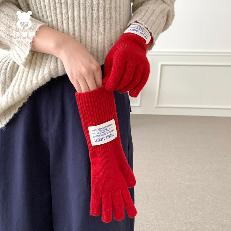 High quality wool-containing ins style knitted long solid color gloves for women in autumn and winter five-finger warm open finger touch screen
