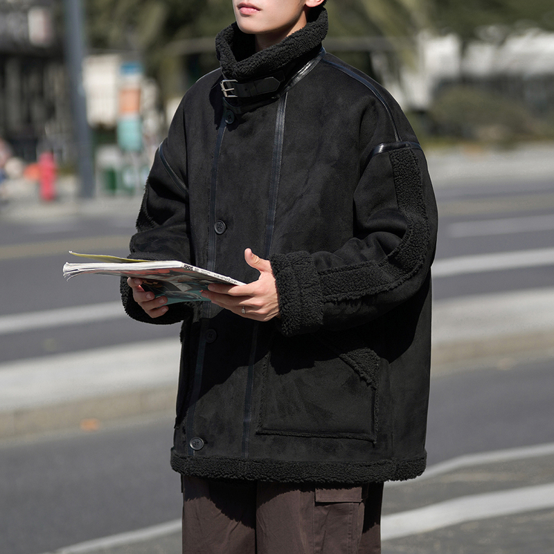 Camera fur one-piece jacket, lamb wool cotton jacket, trendy men's lapel thickened cotton jacket