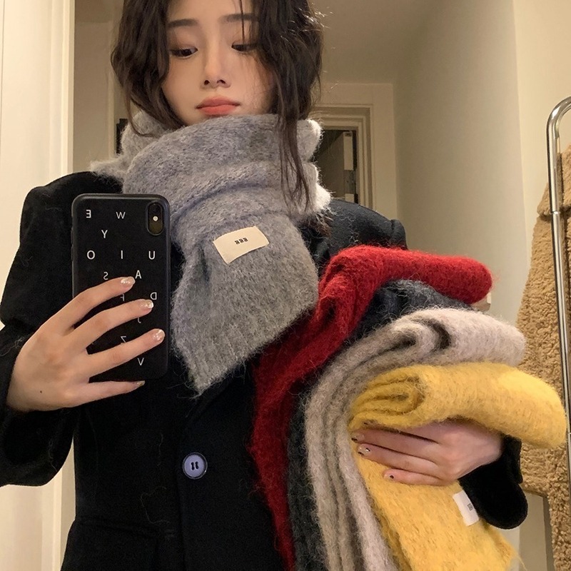 Little Snail Mohair Scarf Winter Women's Solid Color White Knitted Wool Warmth Thickened Student Scarf Trendy