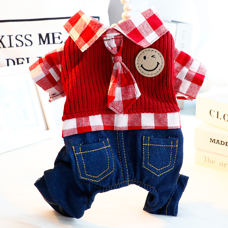 Dog clothes, spring and autumn clothes, smiling plaid tie denim suit, handsome four-legged small dog Teddy pet 6329