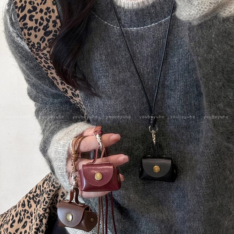 Retro leopard print leather compact coin purse necklace female headphone storage bag accessories clavicle chain neck chain sweater chain