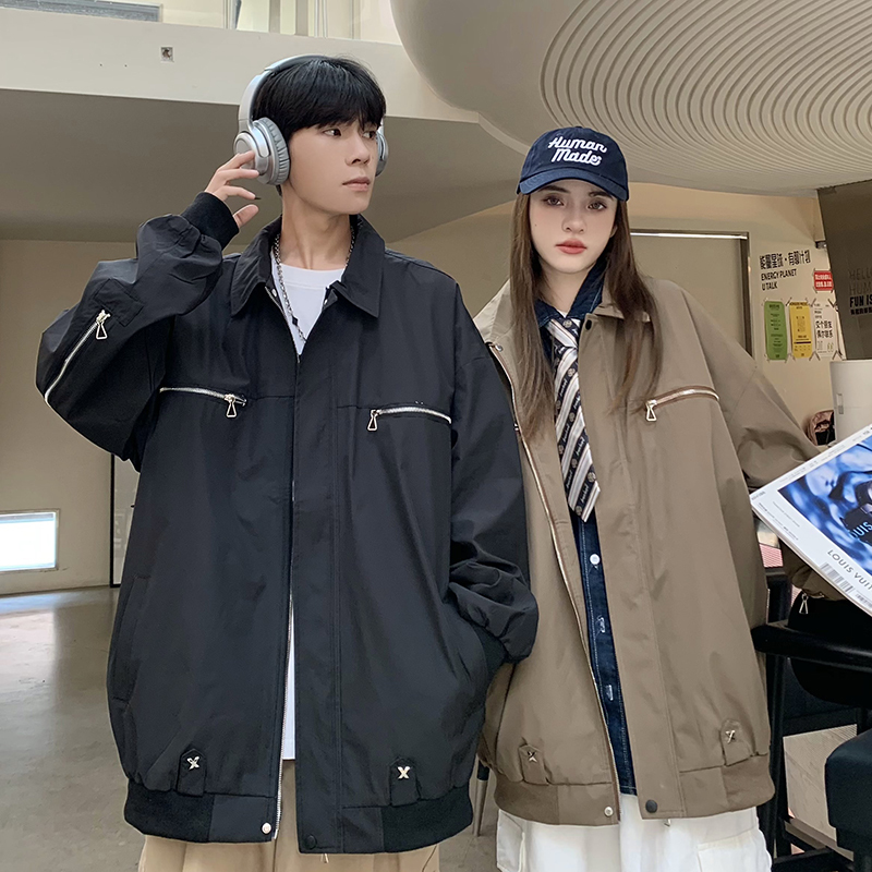 Autumn Casual Lapel Metal Decorated Back Zipper Jacket Couple