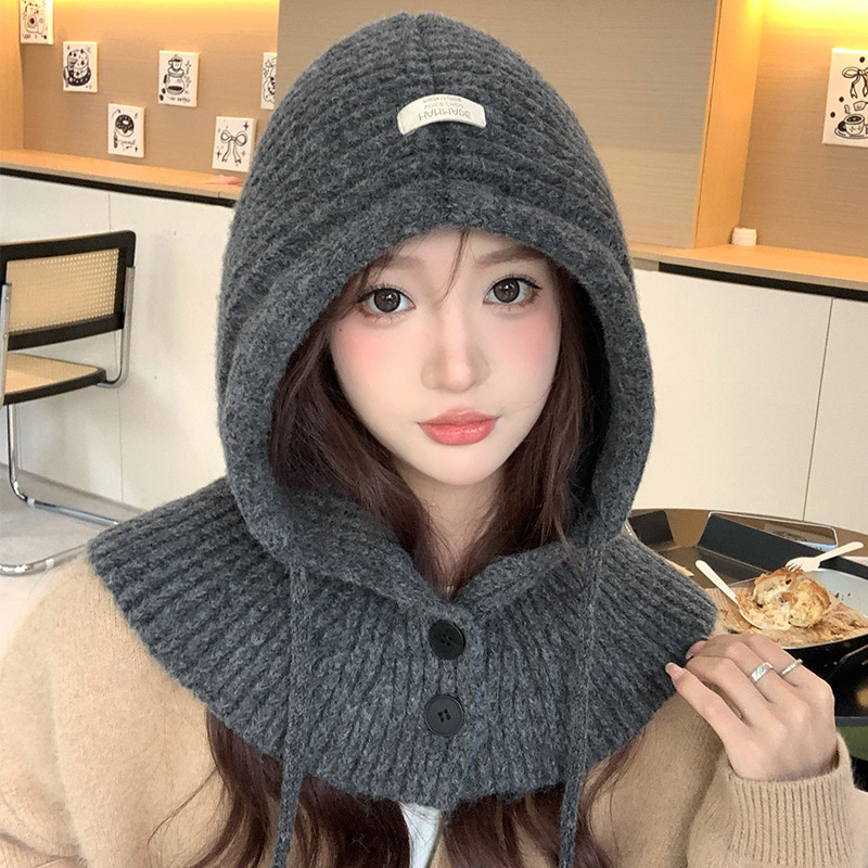 Balaclava hat for women autumn and winter large head circumference knitted hooded scarf shawl integrated warm ear protection woolen hat