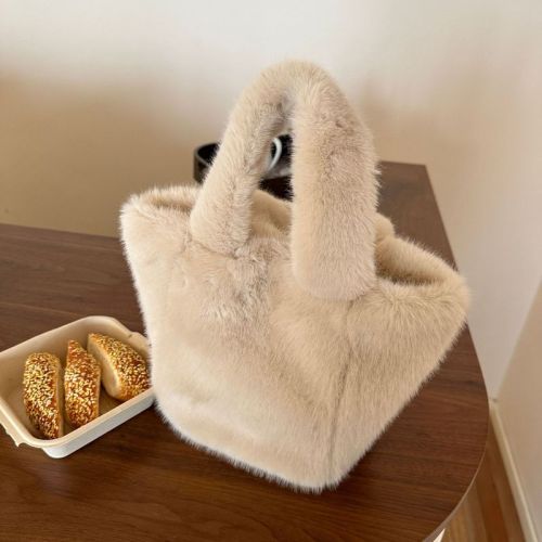 2024 Winter New Fur Bag Women's Imitation Fur Round Rectangular Bucket Bag Cosmetic Bag French Plush Handbag
