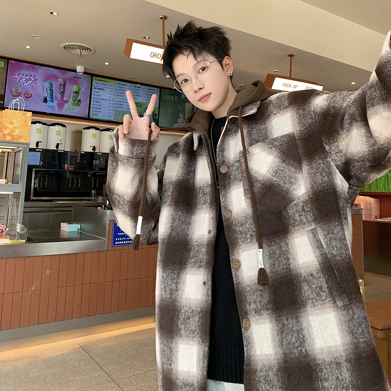 Winter plaid hooded fake two-piece cotton coat with velvet and lambswool lining for men, loose