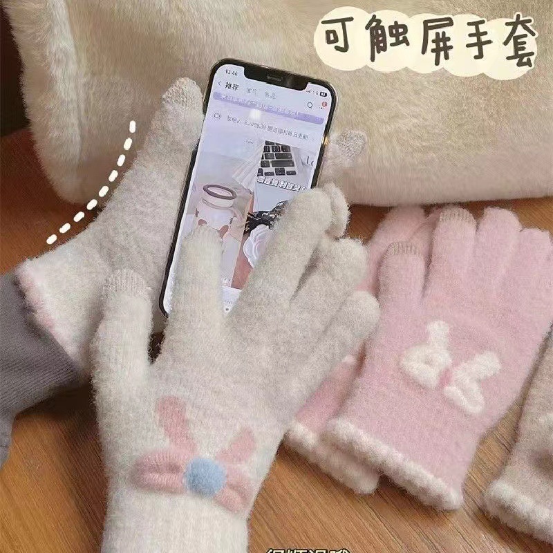 Touch screen knitted gloves for women in autumn and winter woolen warm five-finger cute student winter cycling new bow