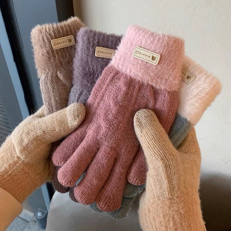 Color-blocked protective gloves winter thickened warm plush double-layer touch screen split-hand knitted gloves for women winter split-finger