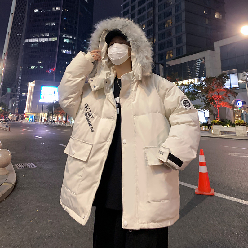 Thick coat youth Japanese cotton jacket winter hooded fur collar cotton coat trendy men's large size cotton coat