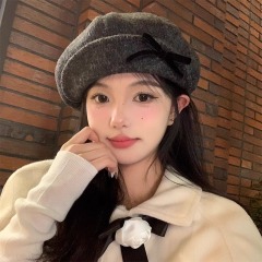 Retro Bow Gray Woolen Octagonal Beret Women's 2024 Autumn and Winter College Style Face-Revealing Newsboy Hat