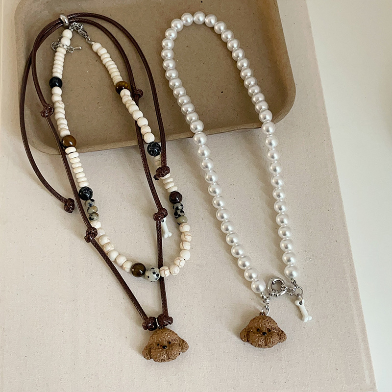 Fun puppy pendant pearl necklace for women simple niche personality fashion trend commuting all-match choker sweater chain