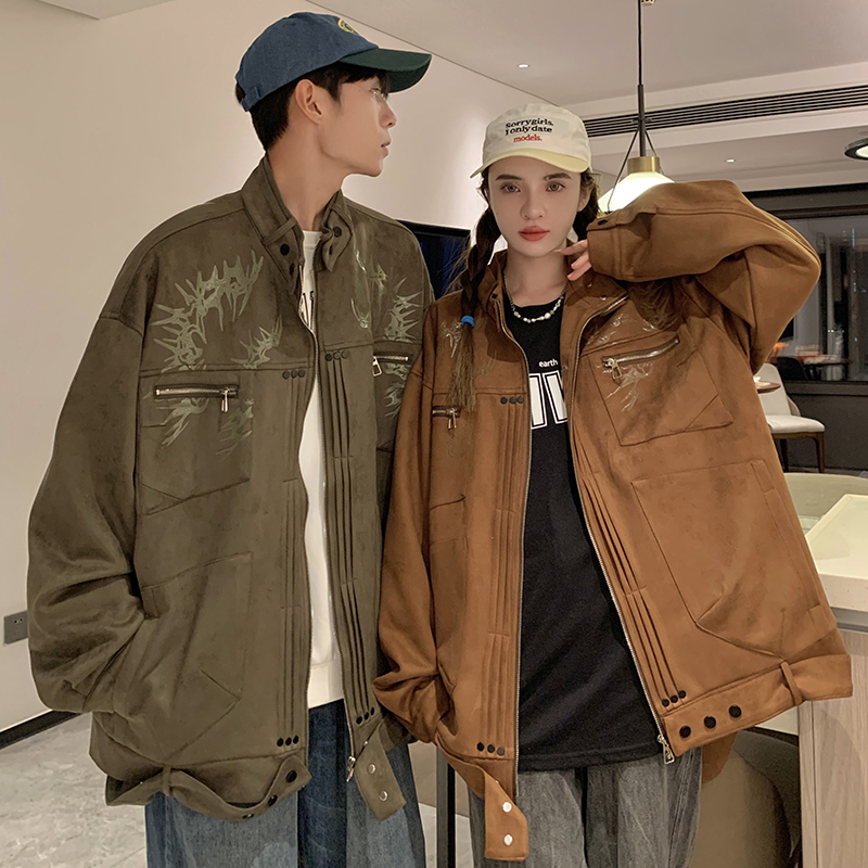 Autumn Casual Suede Rubber Print Belt Hem Jacket Couple