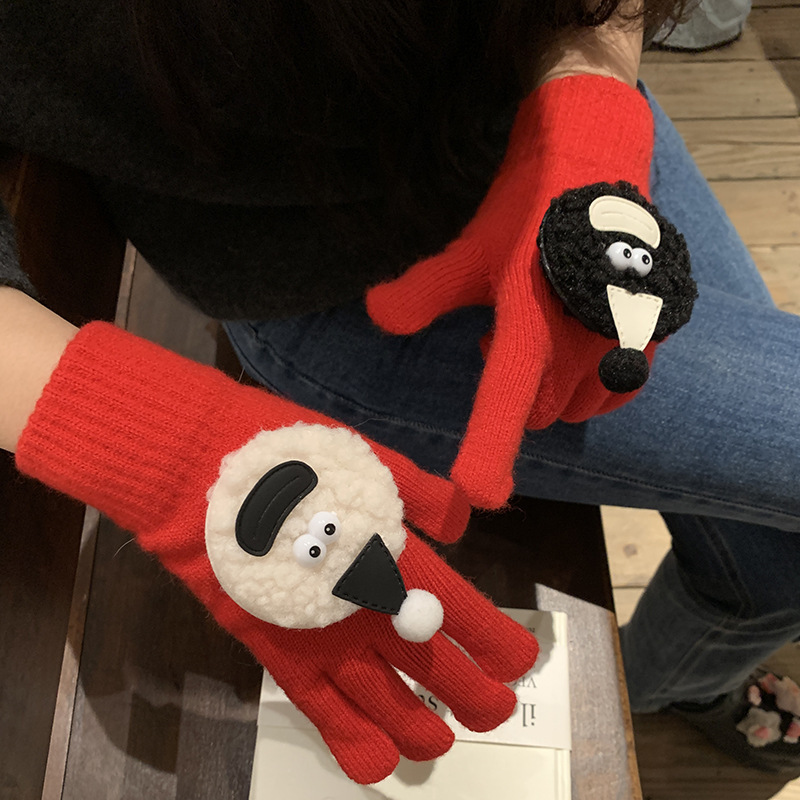 Cute little monster gloves student knitted wool warm touch screen five-finger gloves autumn and winter cycling thickened gloves