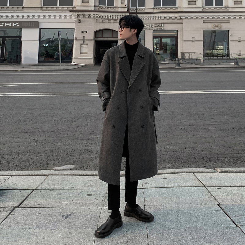 Winter mid-length woolen coat men's loose thickened Korean style windbreaker jacket