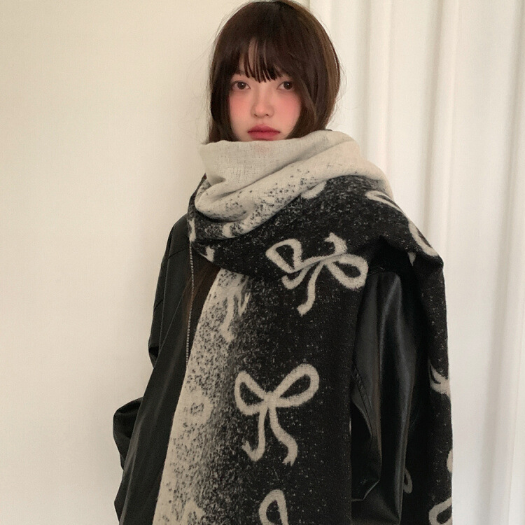 Korean version thickened bow knitted scarf for women 2024 autumn and winter high-end warm neck protection scarf dual-use