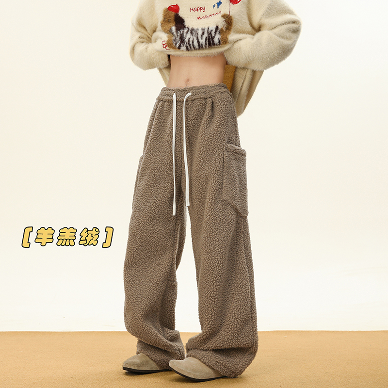 American trendy brand polar fleece cotton pants for men and women in autumn and winter, thickened cold-proof outer wear for small people, lamb wool one-piece fleece sweatpants