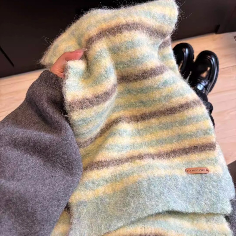 Striped scarf winter women's high-end coat plush versatile college student scarf 2024 new style for girlfriend