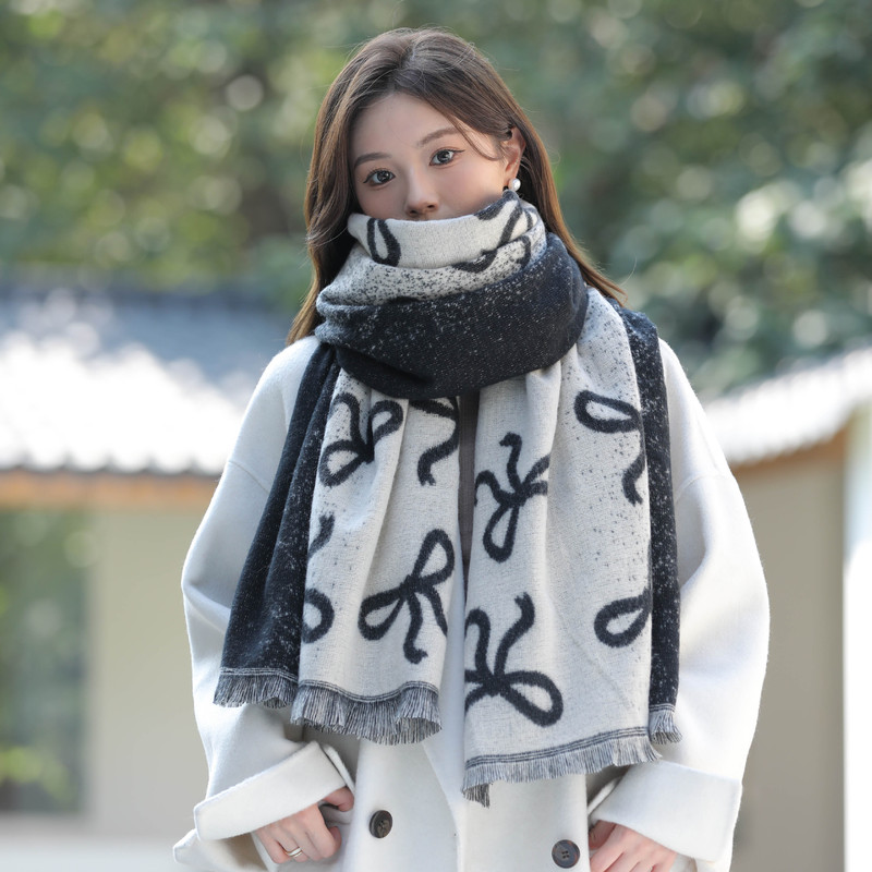 Autumn and winter high-end bow printed color matching scarf Korean version thickened warm neck scarf dual use