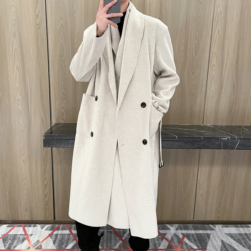 Double collar thickened woolen coat beige