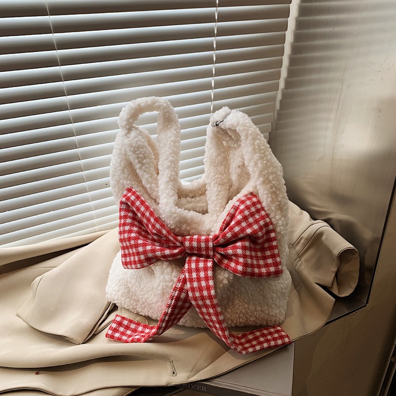 2024 Autumn and Winter New Crossbody Shoulder Bag Korean Style Ins Style Bow Knot Plush Bag Lambswool Large Capacity
