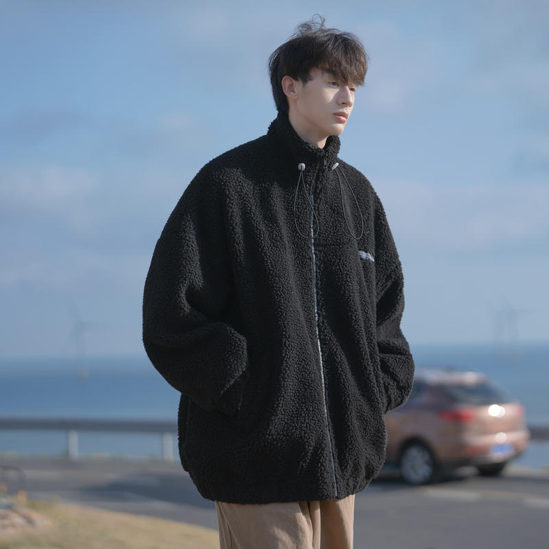 Trendy stand collar lamb wool coat