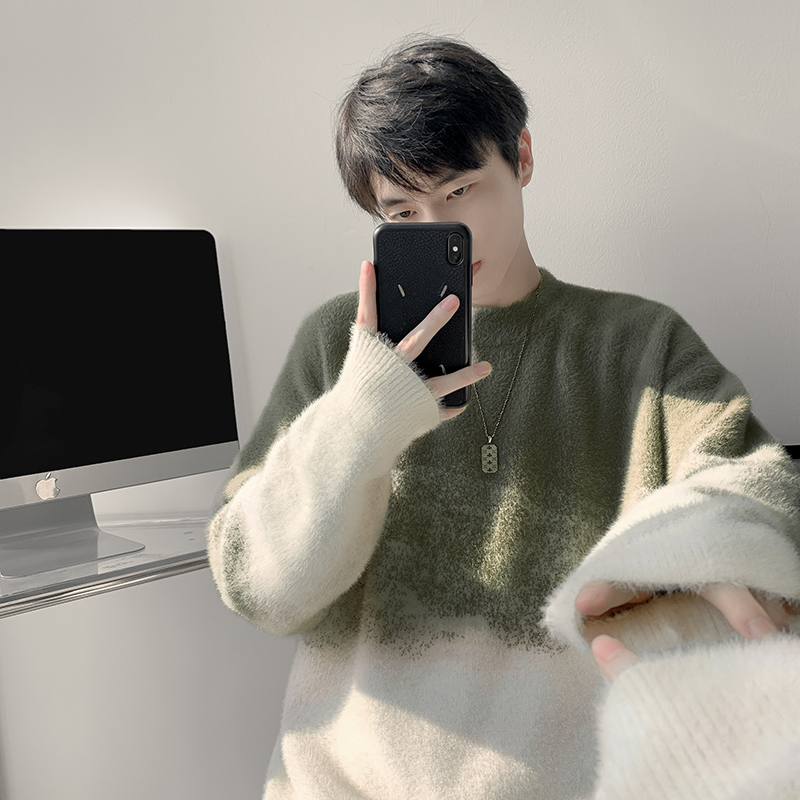 Hong Kong style new fashion brand lazy style gradient mink sweater pullover sweater for men and women