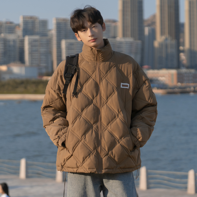 Diamond lattice stand collar cotton coat for men in winter Japanese cityboy retro trendy brand loose coat thickened warm cotton coat
