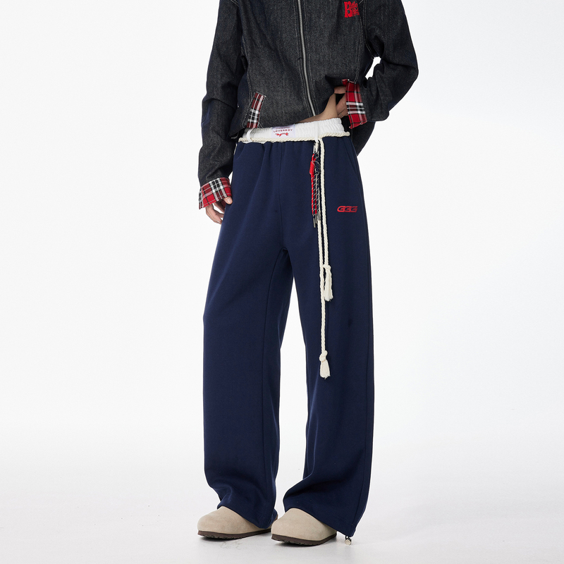 Navy blue sports pants for men and women, autumn American retro hip-hop wide-leg pants, embroidered straight casual pants, trendy