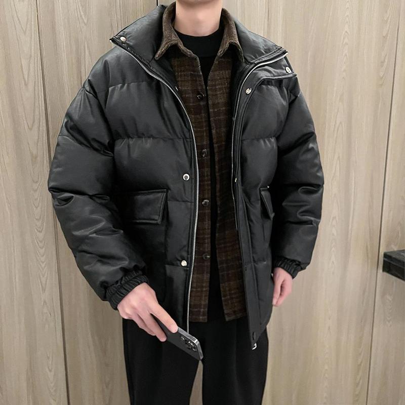 High-end handsome fake two-piece PU leather warm casual jacket men's bread suit