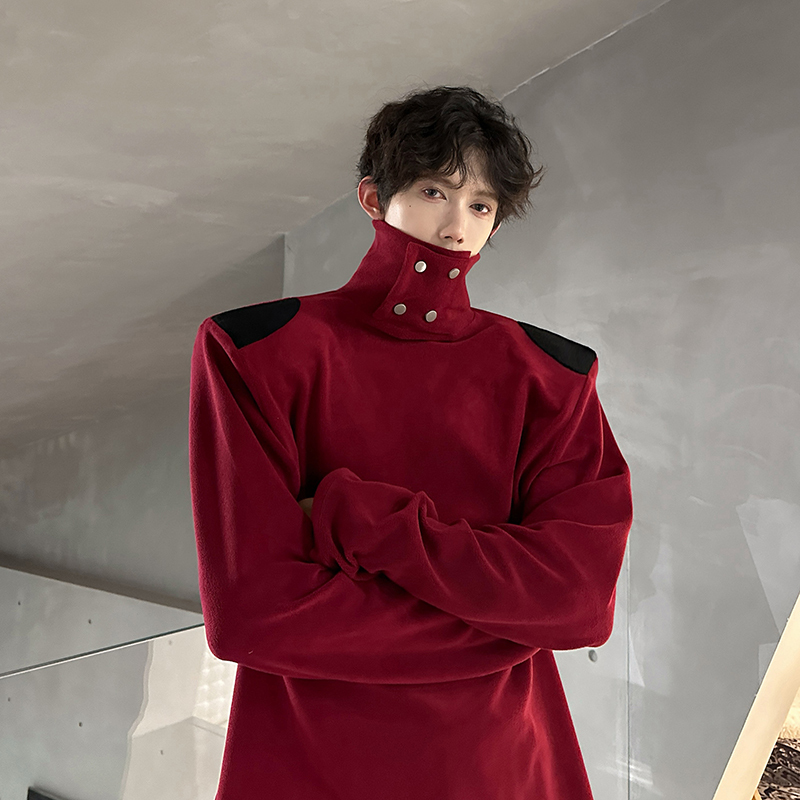 Shoulder pad high street metal button design bottoming shirt Pi Shuai nightclub dark versatile long-sleeved T-shirt