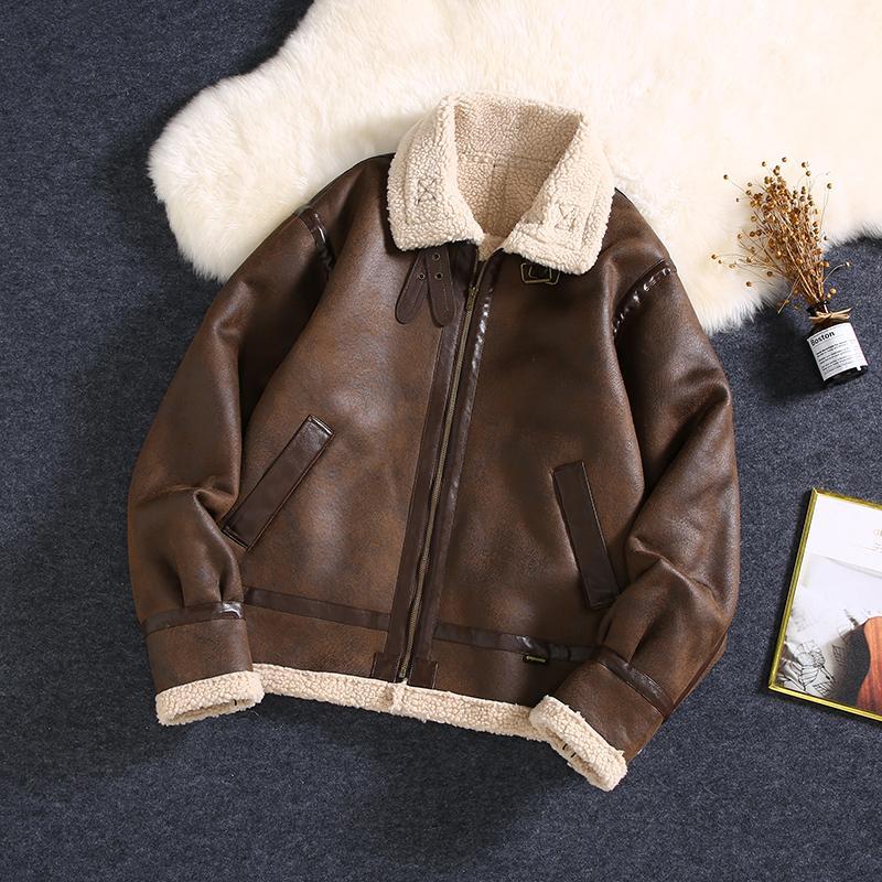 Fur-integrated high-end trendy men's autumn and winter PU thickened lamb wool cotton clothing