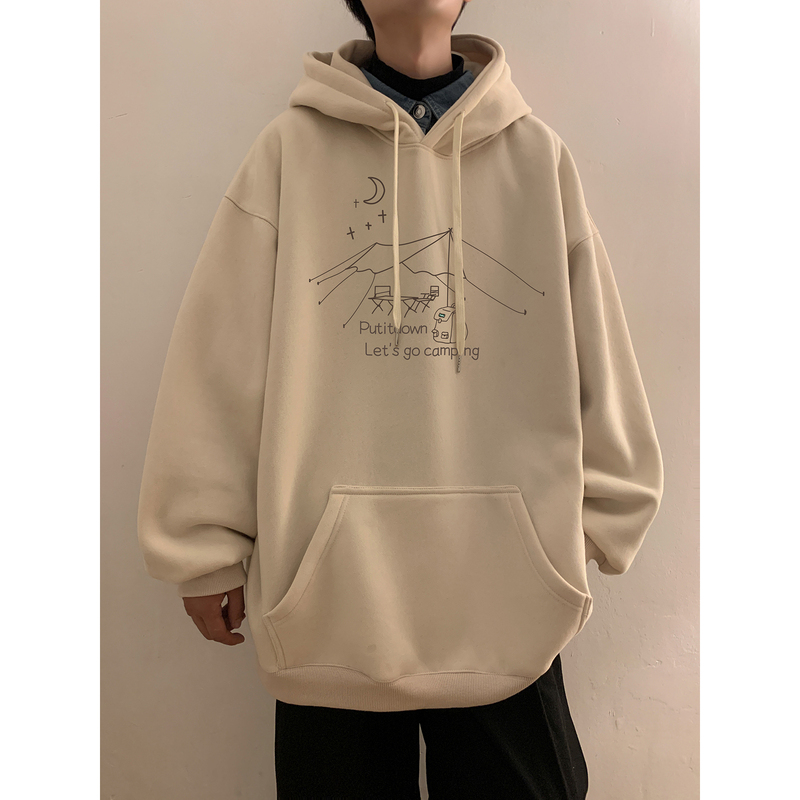 Versatile velvet thickened loose casual hooded sweatshirt for men